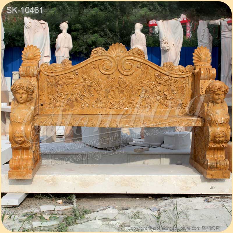 Factory Price Hand Carved Natural Yellow Marble Outdoor Bench with Sphinx for park or courtyard for sale