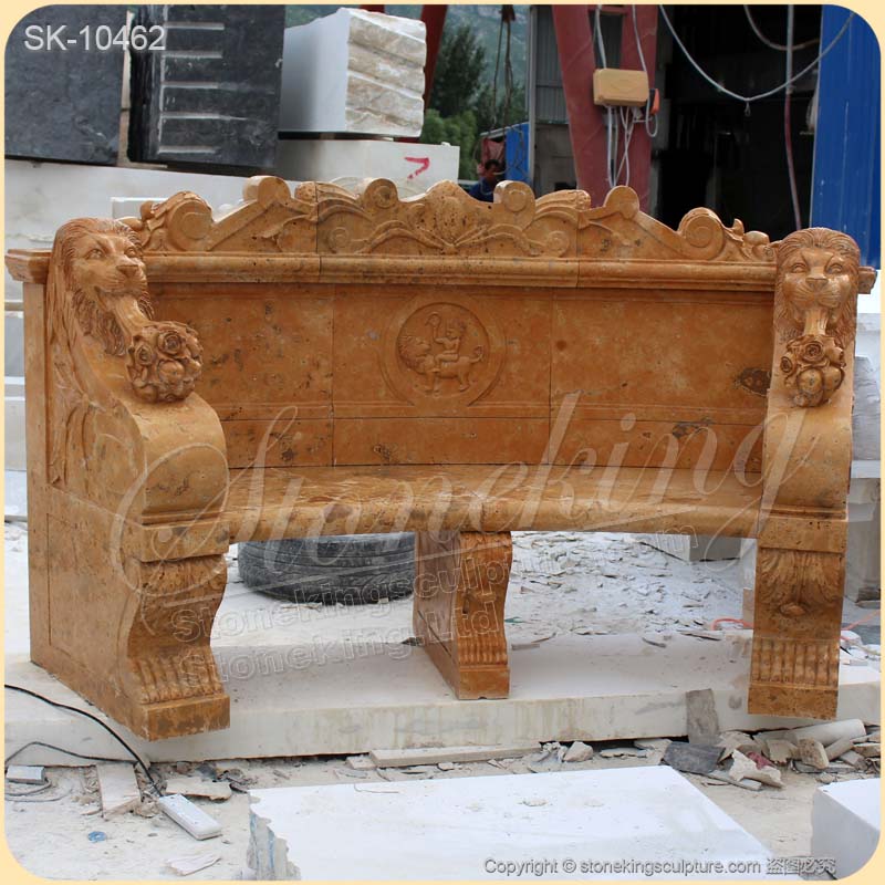 Home Decoration Hand Carved Yellow Marble Outdoor Backyard Bench with lion heads for sale