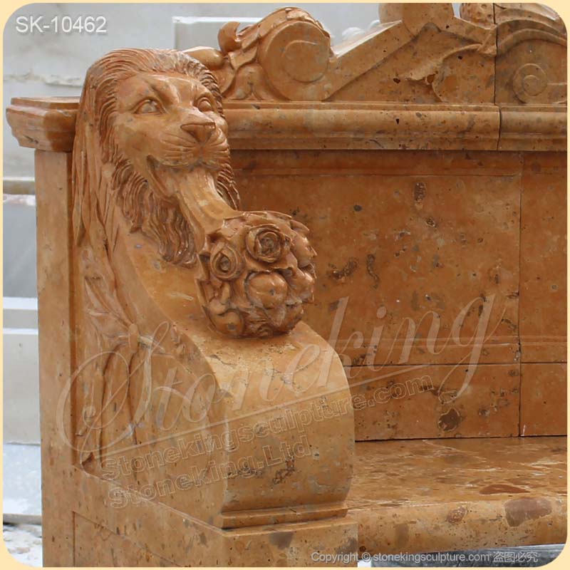 Home Decoration Hand Carved Yellow Marble Outdoor Backyard Bench with lion heads for sale