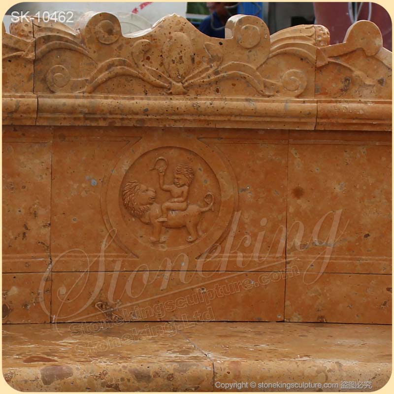 Home Decoration Hand Carved Yellow Marble Outdoor Backyard Bench with lion heads for sale