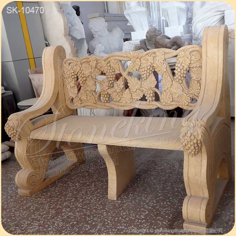 Top Selling Hand Carved Natural Yellow Marble Outdoor Patio Bench with Grapes for home decor for sale