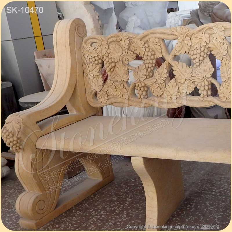 Top Selling Hand Carved Natural Yellow Marble Outdoor Patio Bench with Grapes for home decor for sale