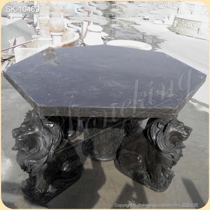 Hand Carved Outdoor Natural Black Marble Table with lions for garden or home decor for sale