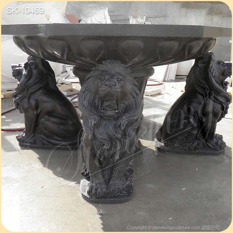 Hand Carved Outdoor Natural Black Marble Table with lions for garden or home decor for sale