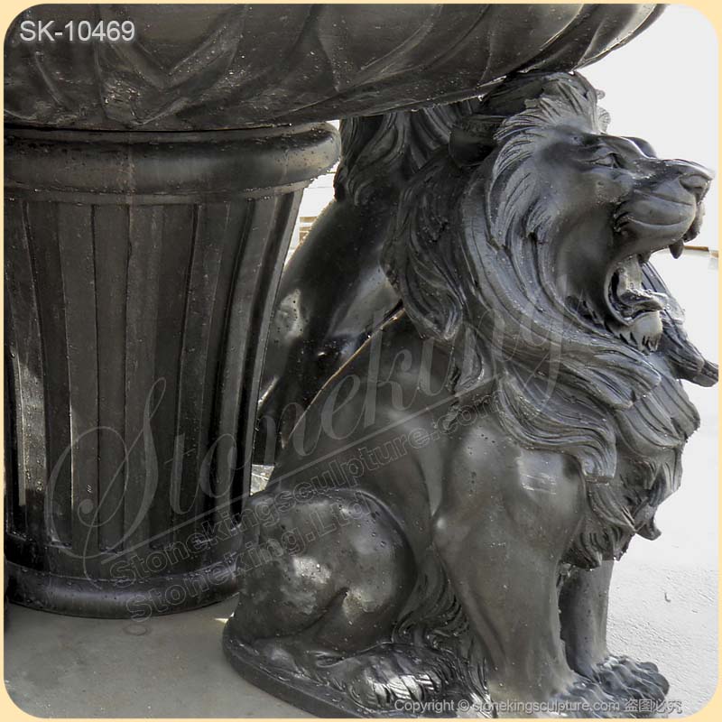 Hand Carved Outdoor Natural Black Marble Table with lions for garden or home decor for sale