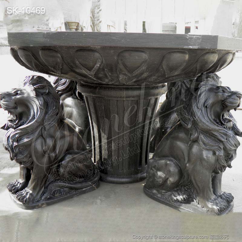 Hand Carved Outdoor Natural Black Marble Table with lions for garden or home decor for sale