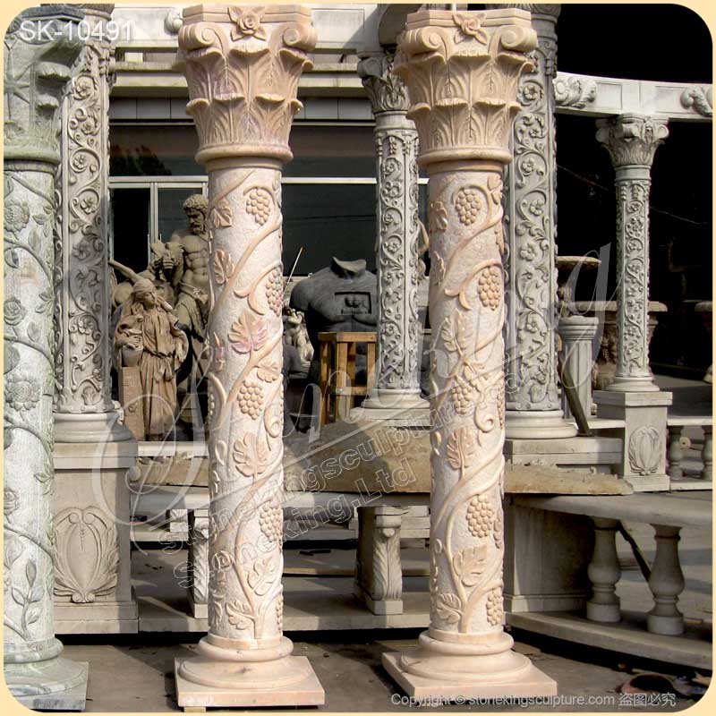 Beautiful Hand Carved Marble Building Column with Corinthian style capital and grapes for sale