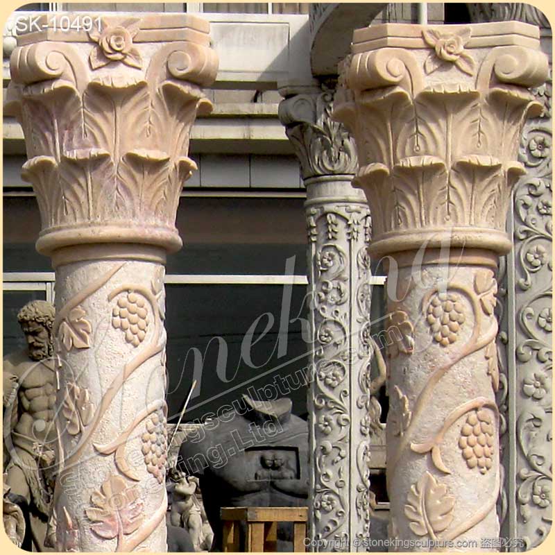 Beautiful Hand Carved Marble Building Column with Corinthian style capital and grapes for sale