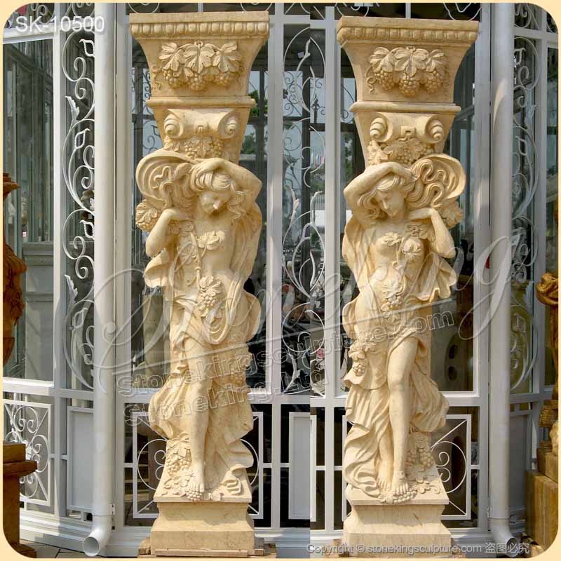 Manufacturer Marble Exterior Porch Columns of Female Statue with Grapes decoration for sale