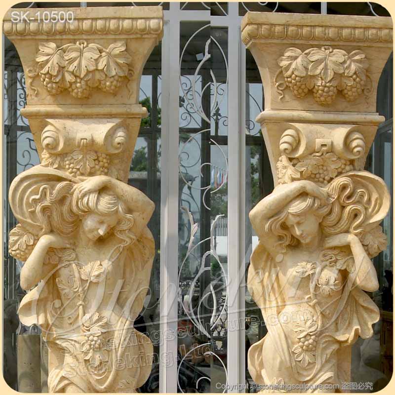 Manufacturer Marble Exterior Porch Columns of Female Statue with Grapes decoration for sale