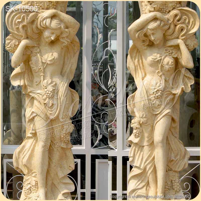 Manufacturer Marble Exterior Porch Columns of Female Statue with Grapes decoration for sale