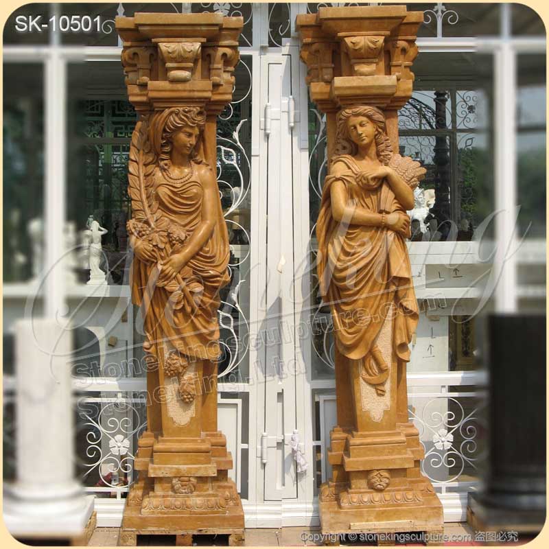 Garden Ornaments Top Quality Marble Decorative Outdoor Columns with Lady Statues for sale