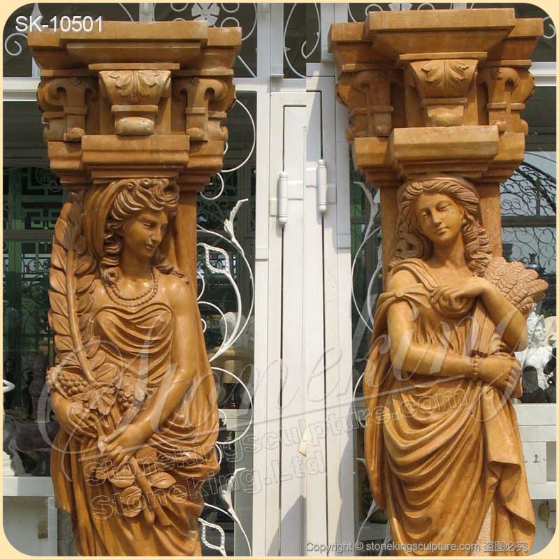 Garden Ornaments Top Quality Marble Decorative Outdoor Columns with Lady Statues for sale