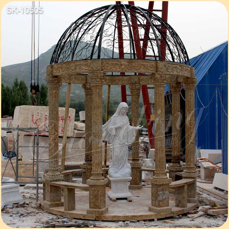 Hand Carved Classic Outdoor Marble Round Gazebo with Iron Dome for garden decoration for sale