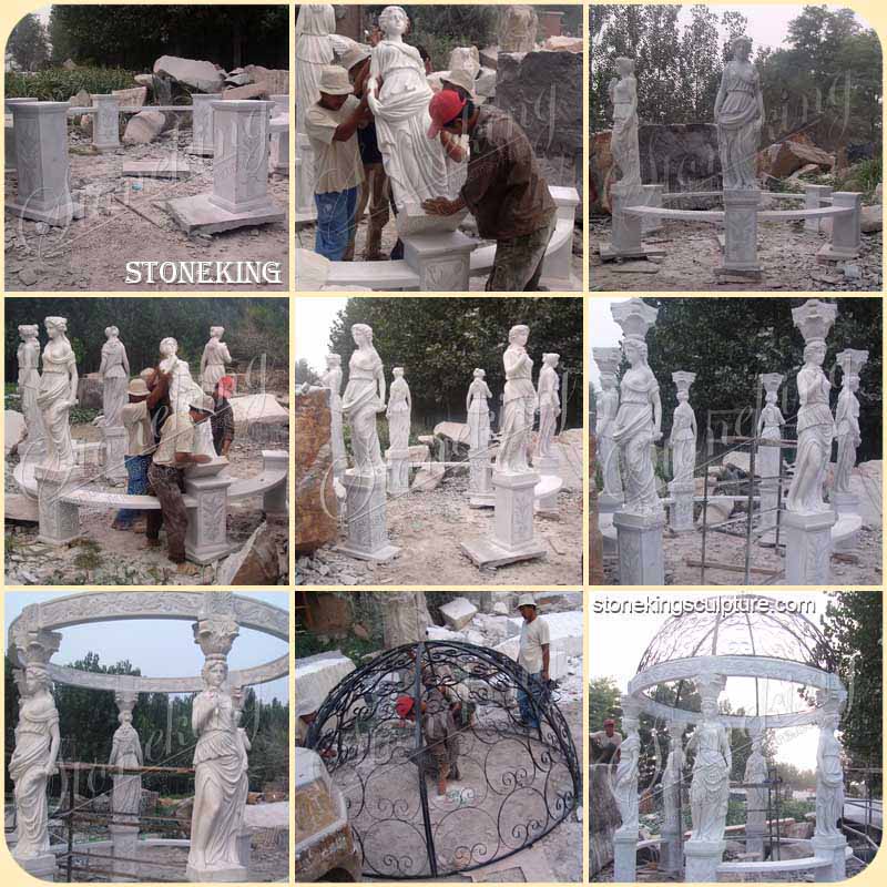 Factory Supply Hand Carved Marble Outdoor Patio Gazebo with Female Sculptures for sale