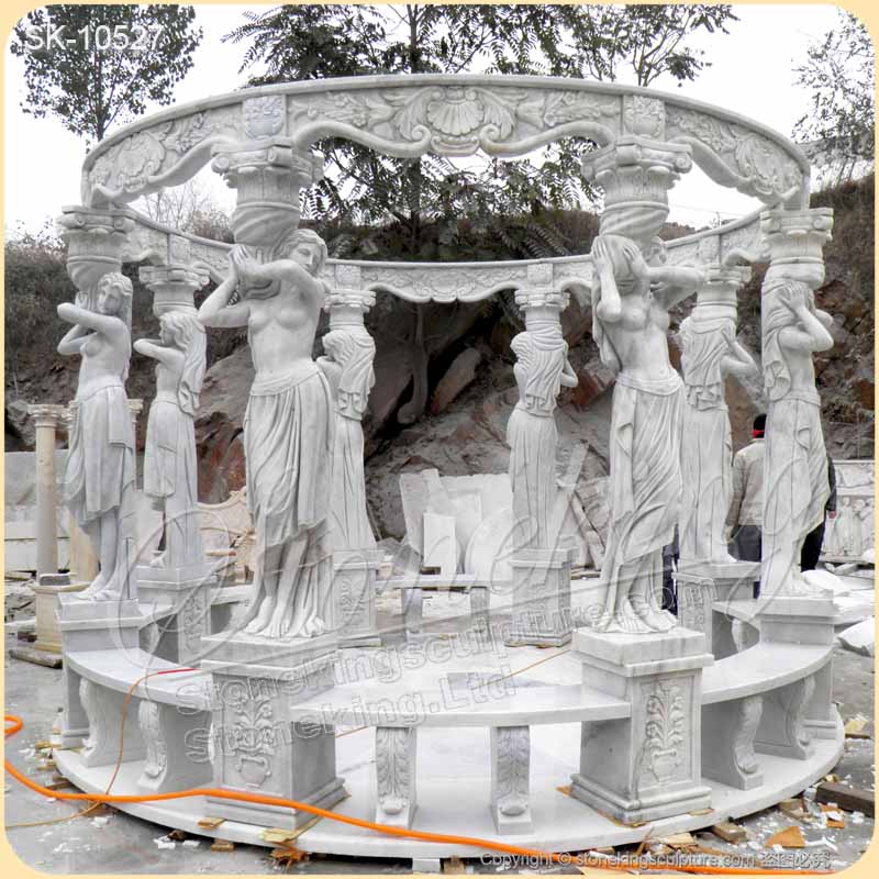 Outdoor Landscaping Hand Carved Marble Large Garden Gazebo with Female Statues for sale