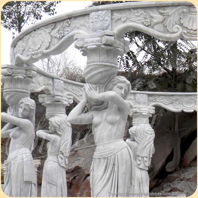 Outdoor Landscaping Hand Carved Marble Large Garden Gazebo with Female Statues for sale