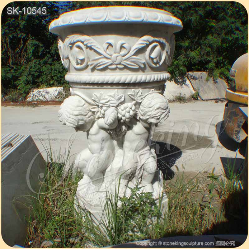 Factory Price Hand Carved Marble White Cherub Planter Pot for outdoor garden for sale