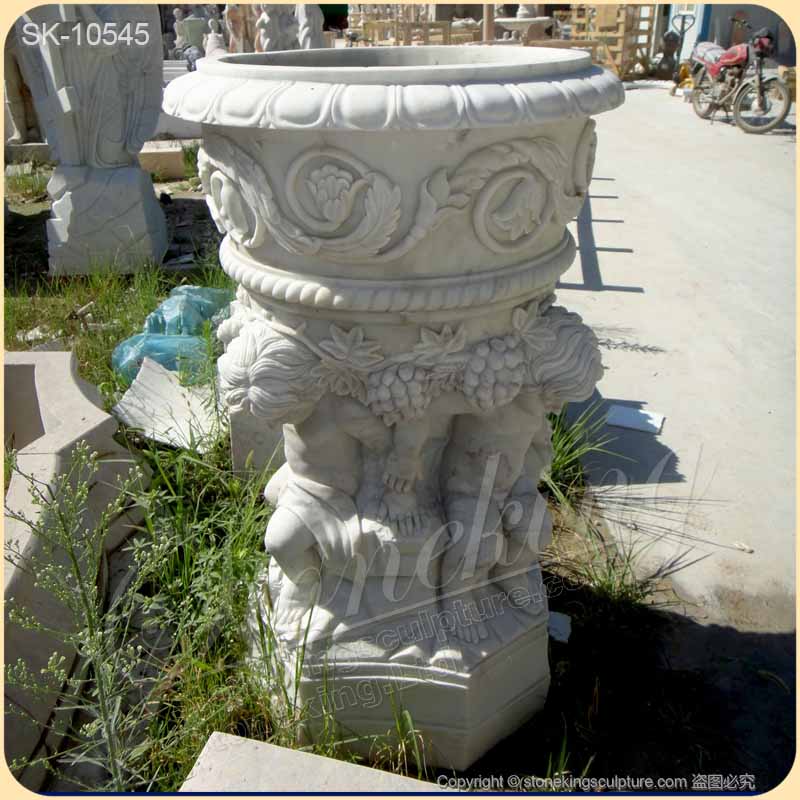 Factory Price Hand Carved Marble White Cherub Planter Pot for outdoor garden for sale