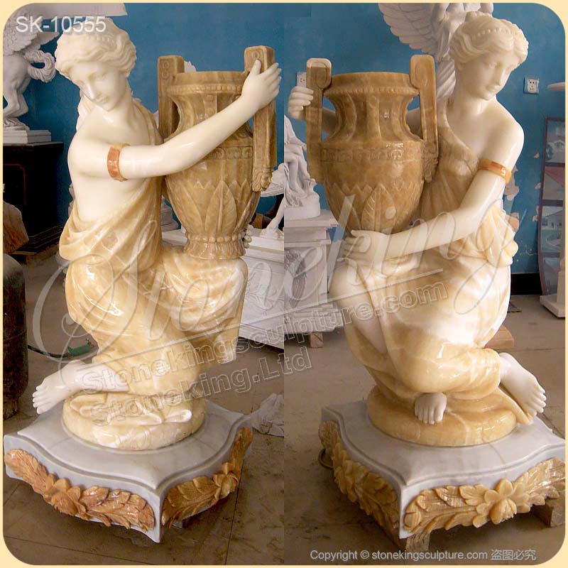 Best Hand Carved Marble Female Statue Holding Outdoor Garden Planters for sale