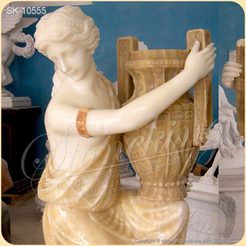 Best Hand Carved Marble Female Statue Holding Outdoor Garden Planters for sale