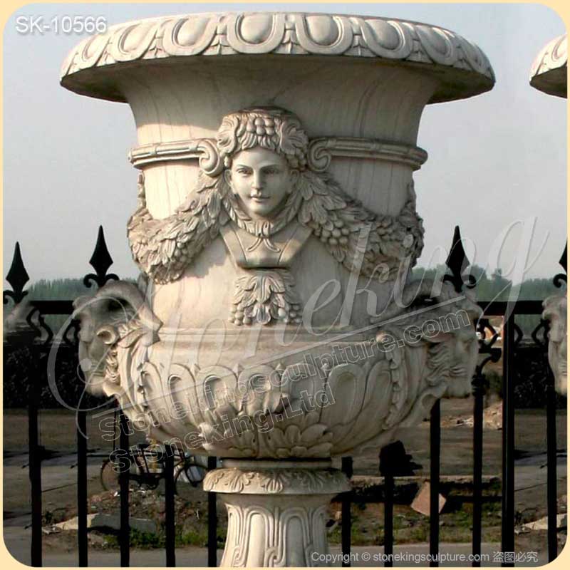 Hand Carved White Marble Outdoor Large Planter Pots with grape vines for sale