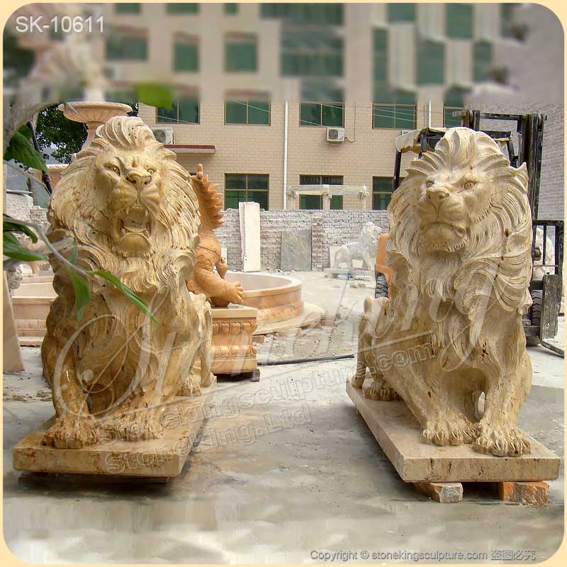 Manufacturer Outdoor Life Size Travertine Stone Lion Statues for Garden Decor for sale