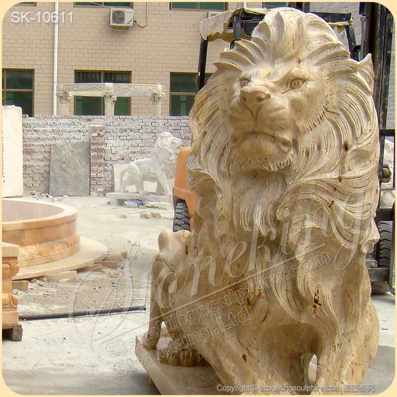 Manufacturer Outdoor Life Size Travertine Stone Lion Statues for Garden Decor for sale