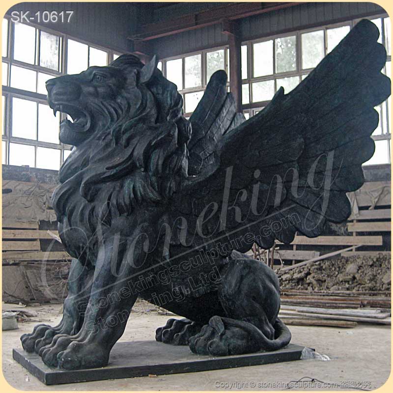 Large Black Marble Winged Lion Statue for Outdoor Garden and Home Ornaments for sale