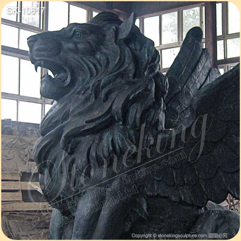 Large Black Marble Winged Lion Statue for Outdoor Garden and Home Ornaments for sale