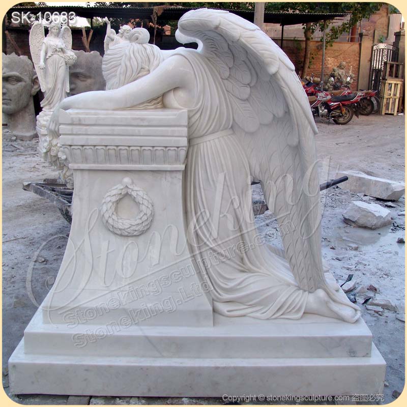 Hand Carved White Marble Headstone of Weeping Angel Statue for Cemetery and Graveyard for sale