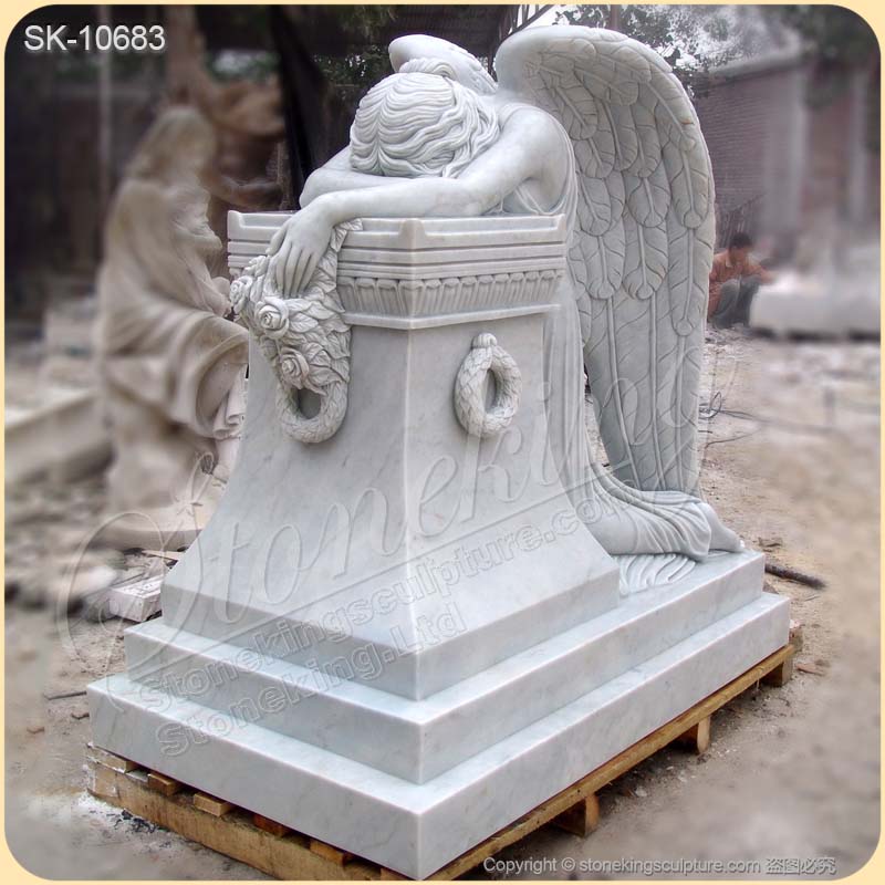 Hand Carved White Marble Headstone of Weeping Angel Statue for Cemetery and Graveyard for sale