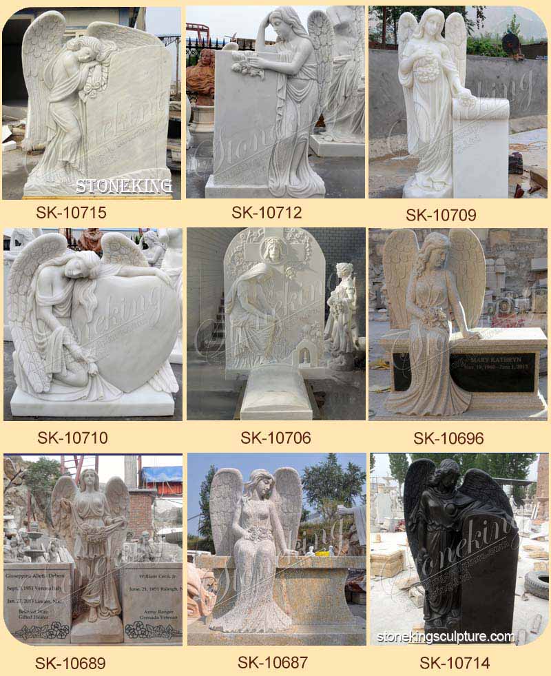 Hand Carved White Marble Headstone of Weeping Angel Statue for Cemetery and Graveyard for sale