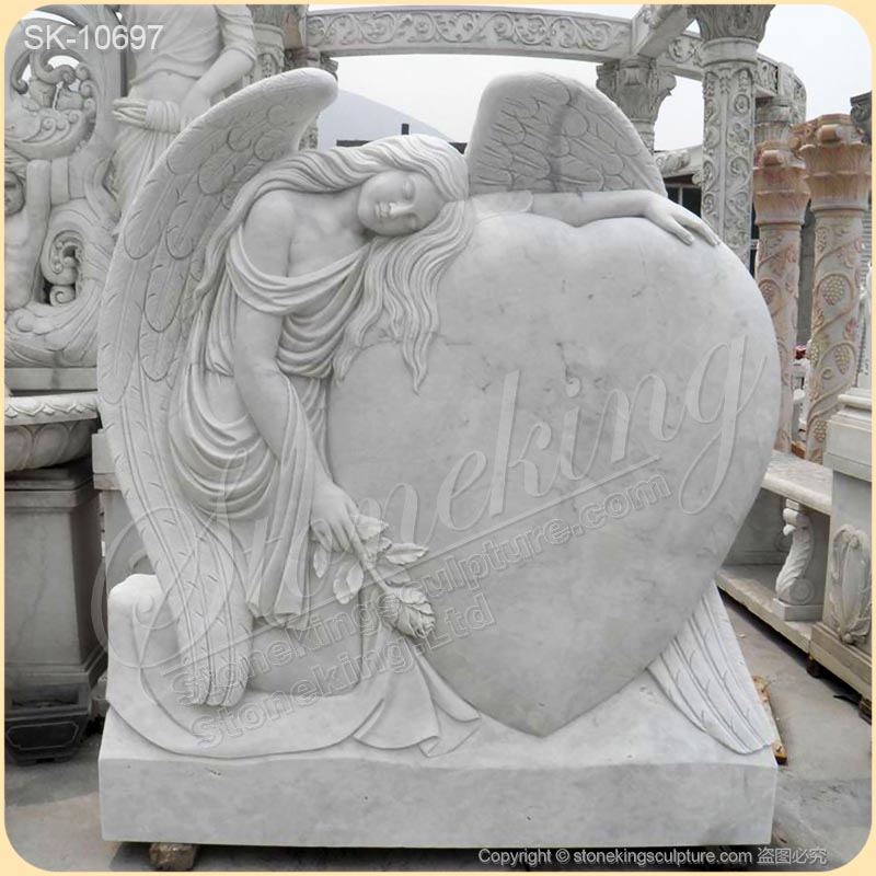 Handcrafted White Marble Heart Shaped Headstone with Angel Staute for Graves for sale