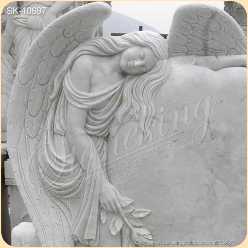 Handcrafted White Marble Heart Shaped Headstone with Angel Staute for Graves for sale