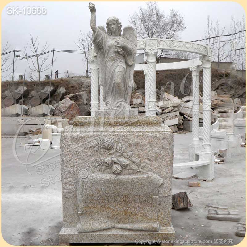 Hand Carved Solid Granite Headstone with Standing Angel Statue for Graves for sale