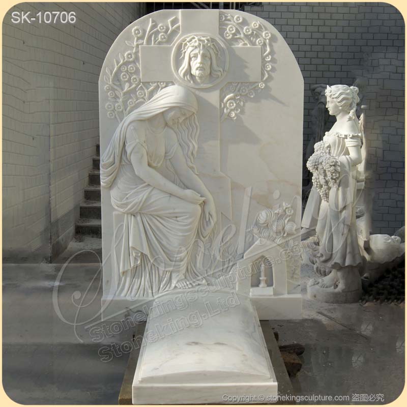 Hand Carved White Marble Headstone with Jesus and Cross for Gravesite for sale