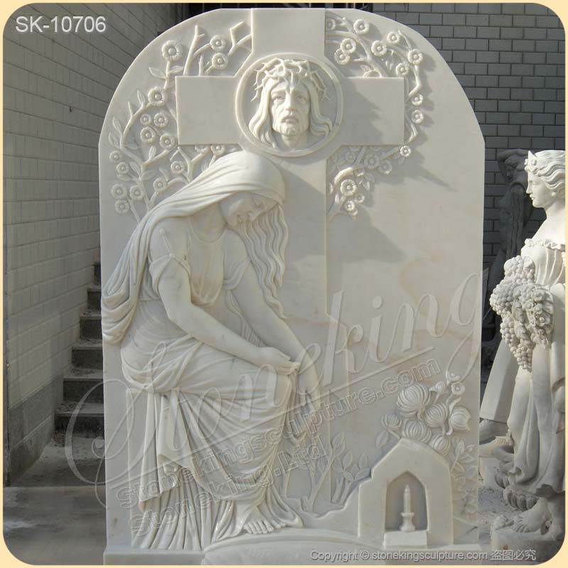 Hand Carved White Marble Headstone with Jesus and Cross for Gravesite for sale