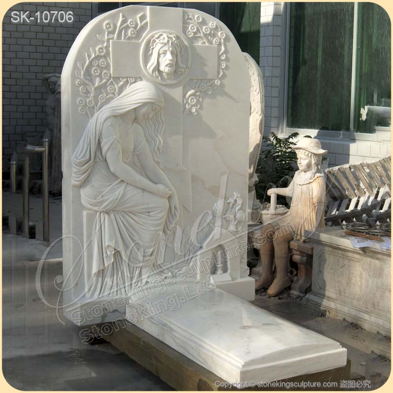 Hand Carved White Marble Headstone with Jesus and Cross for Gravesite for sale