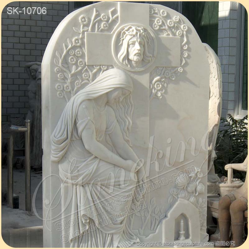 Hand Carved White Marble Headstone with Jesus and Cross for Gravesite for sale