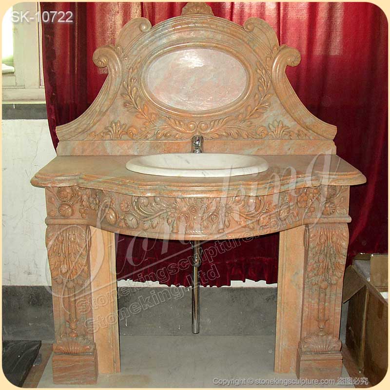 Hand Carved Luxury Marble Bathroom Sink Vanity with Backsplash and Pedestals for sale