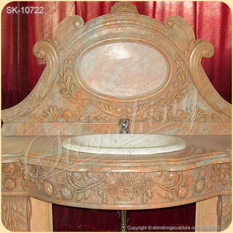 Hand Carved Luxury Marble Bathroom Sink Vanity with Backsplash and Pedestals for sale