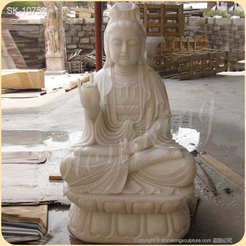 Outdoor Hand Carved White Marble Seated Guanyin Statue for Garden and Home Decor for sale