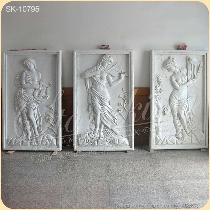 Wholesale Hand Carved Marble Wall Relief Sculpture of Women Playing Instruments for sale