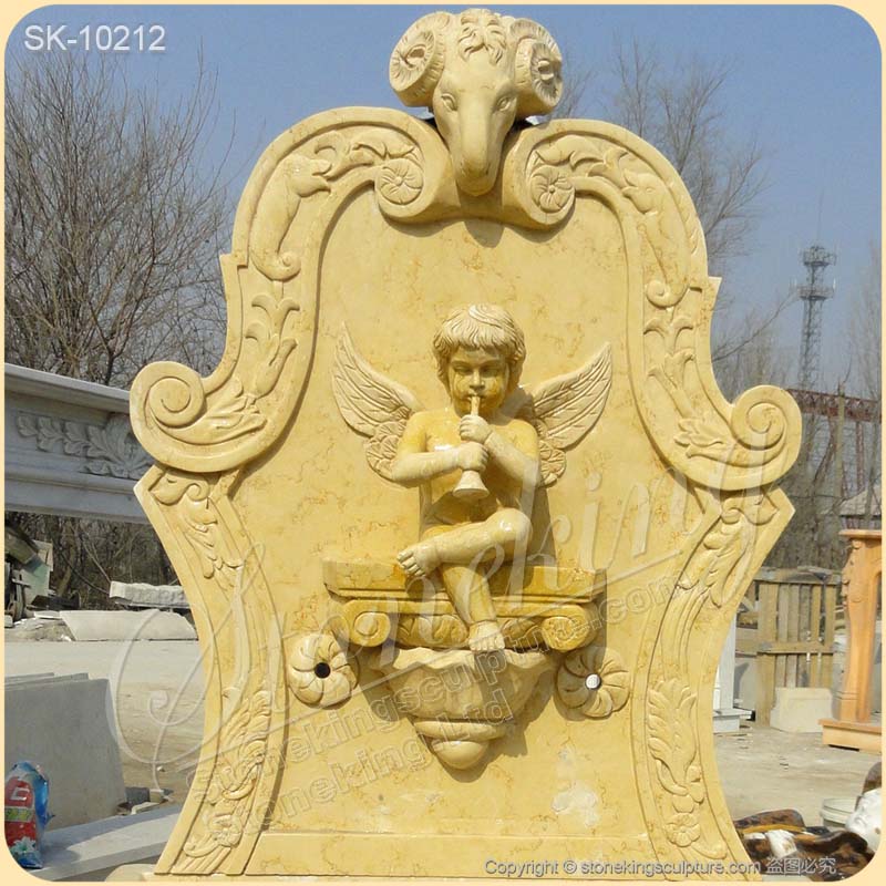 Egyptian Beige Marble Garden Wall Fountain with Angel for Outdoor Decor for sale