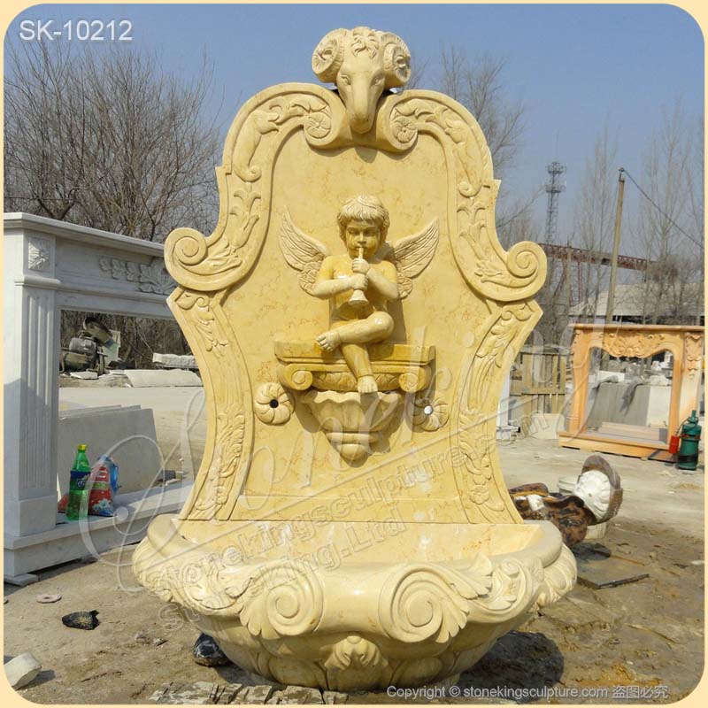 Egyptian Beige Marble Garden Wall Fountain with Angel for Outdoor Decor for sale