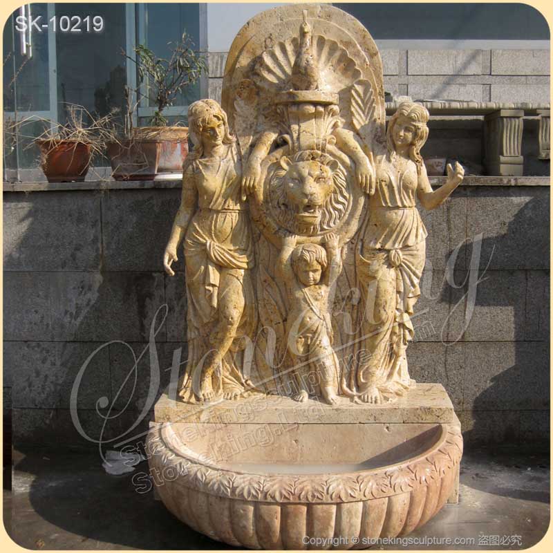 Yellow Travertine Stone Wall Fountain with Lion Head and Woman Sculptures for sale