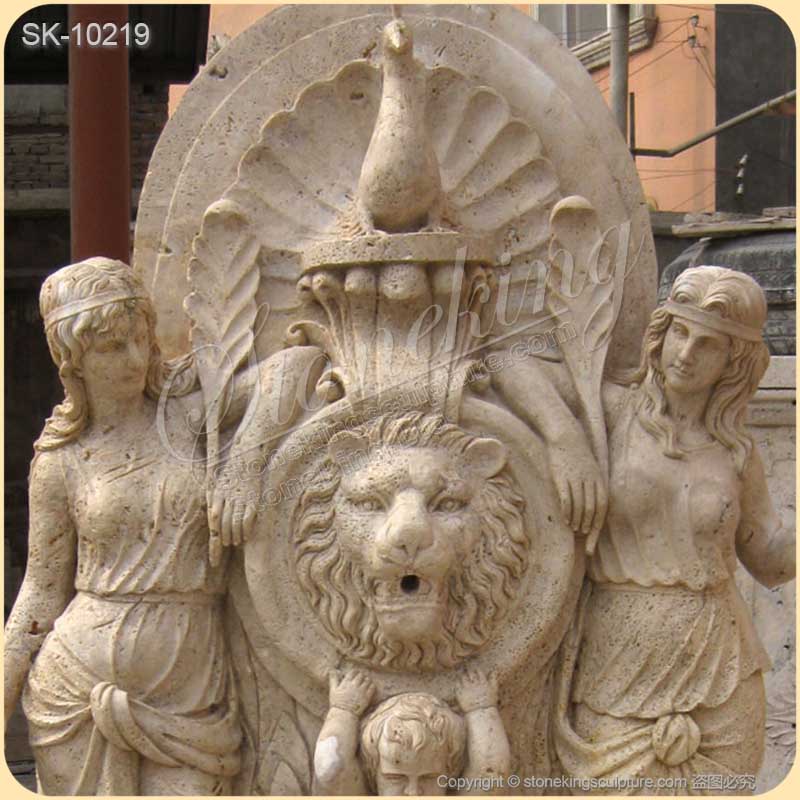 Yellow Travertine Stone Wall Fountain with Lion Head and Woman Sculptures for sale