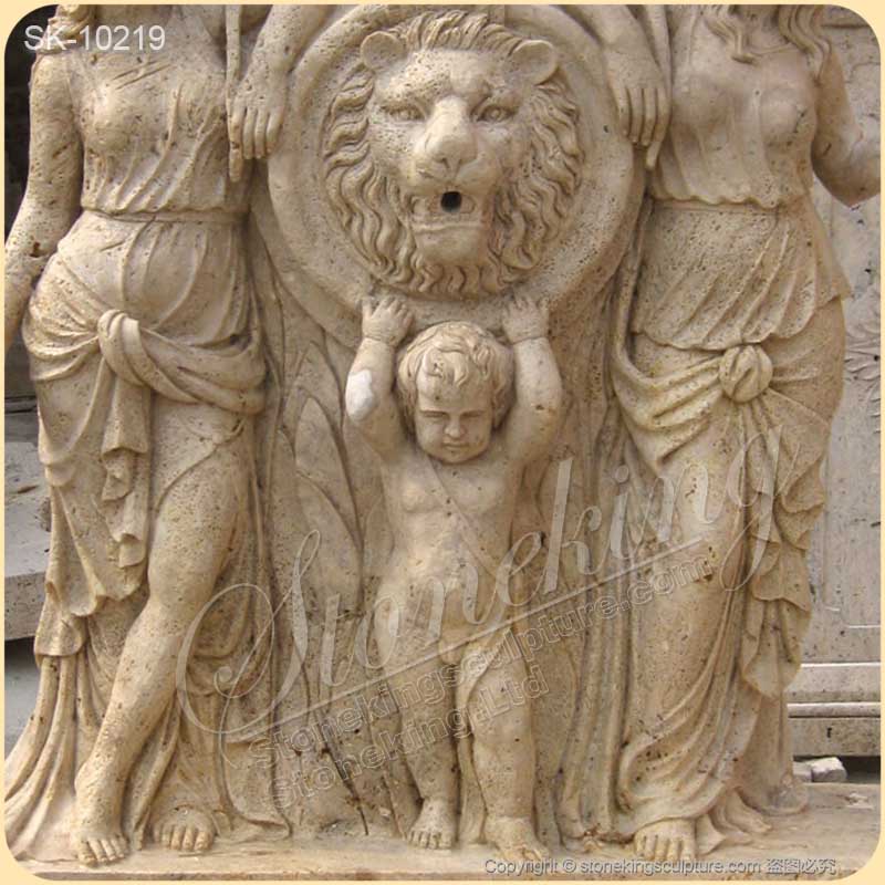 Yellow Travertine Stone Wall Fountain with Lion Head and Woman Sculptures for sale