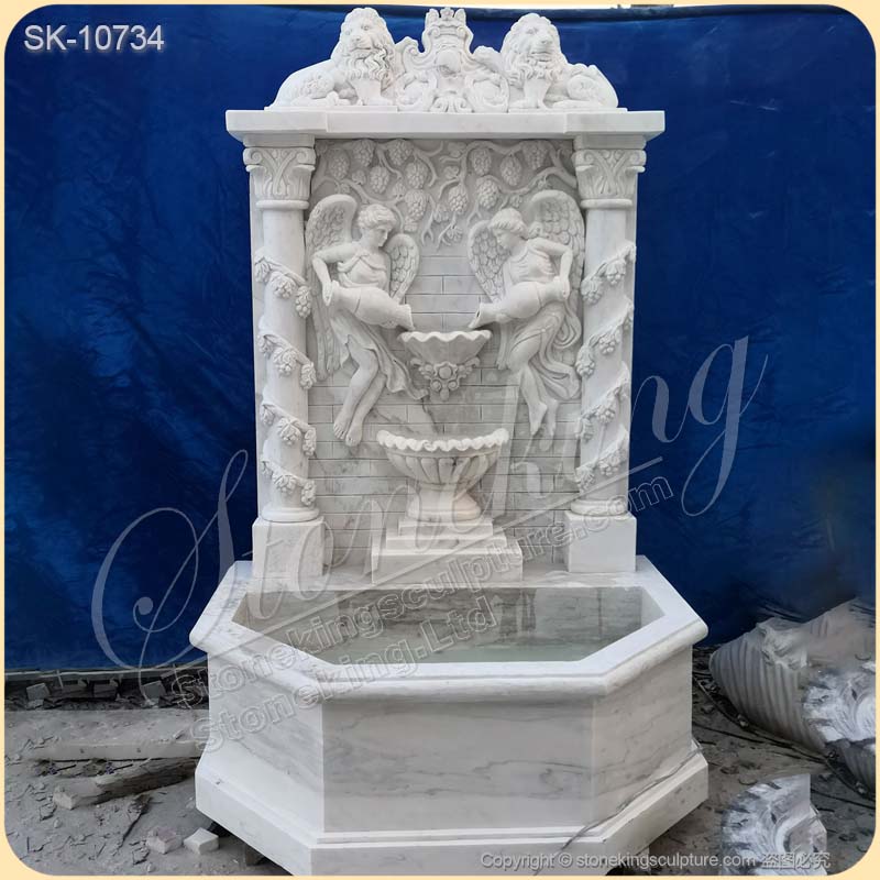 Hand Carved White Marble Exterior Wall Fountain for Garden and Backyard Decor for sale